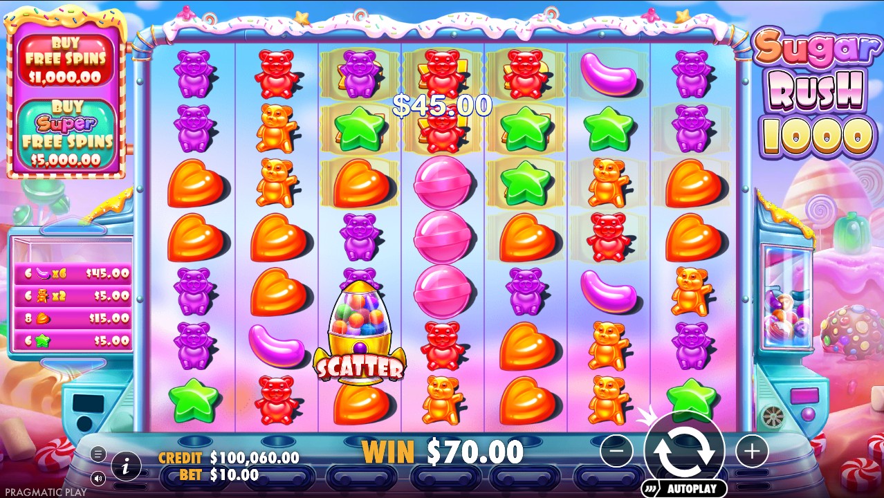 Sugar Rush 1000 by Pragmatic Play – base game candy theme cluster pays 1,000x multiplier cap