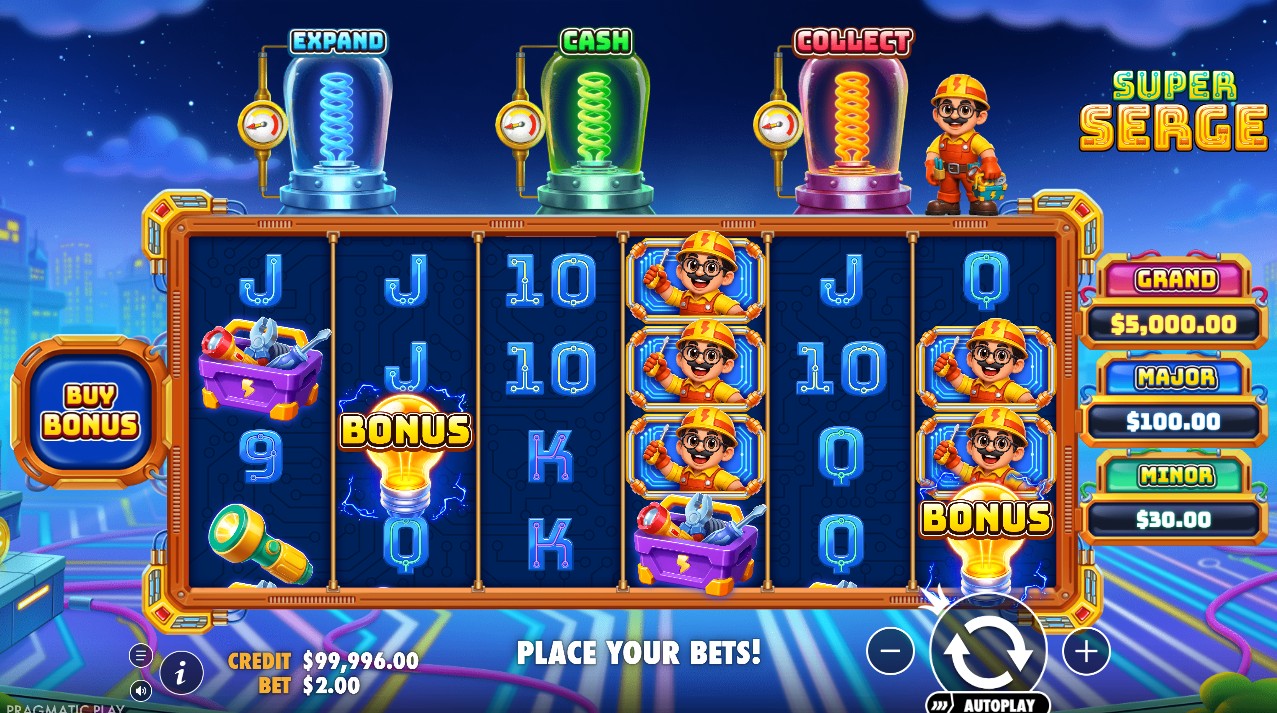 Super Serge by Pragmatic Play — base game 6-reel 4096 ways medium volatility 96.50% RTP 36.36% hit frequency