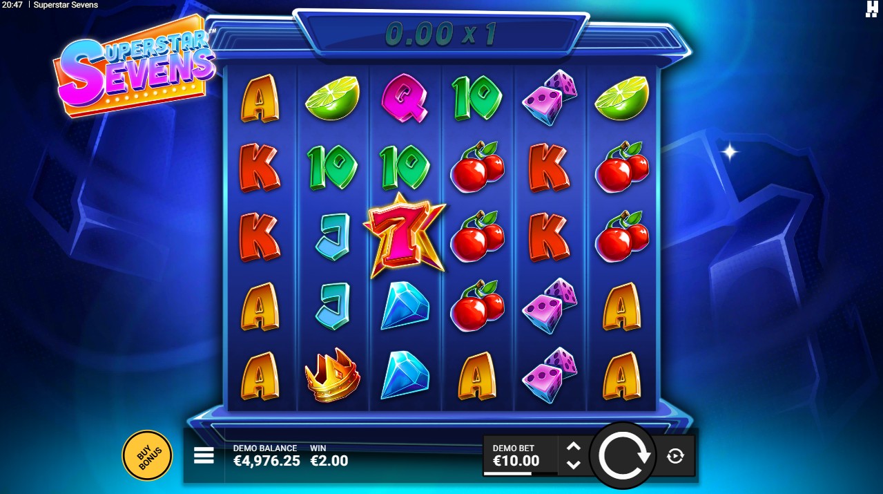 Superstar Sevens by Hacksaw Gaming – base game cluster pays cascades stacking Lightning multipliers