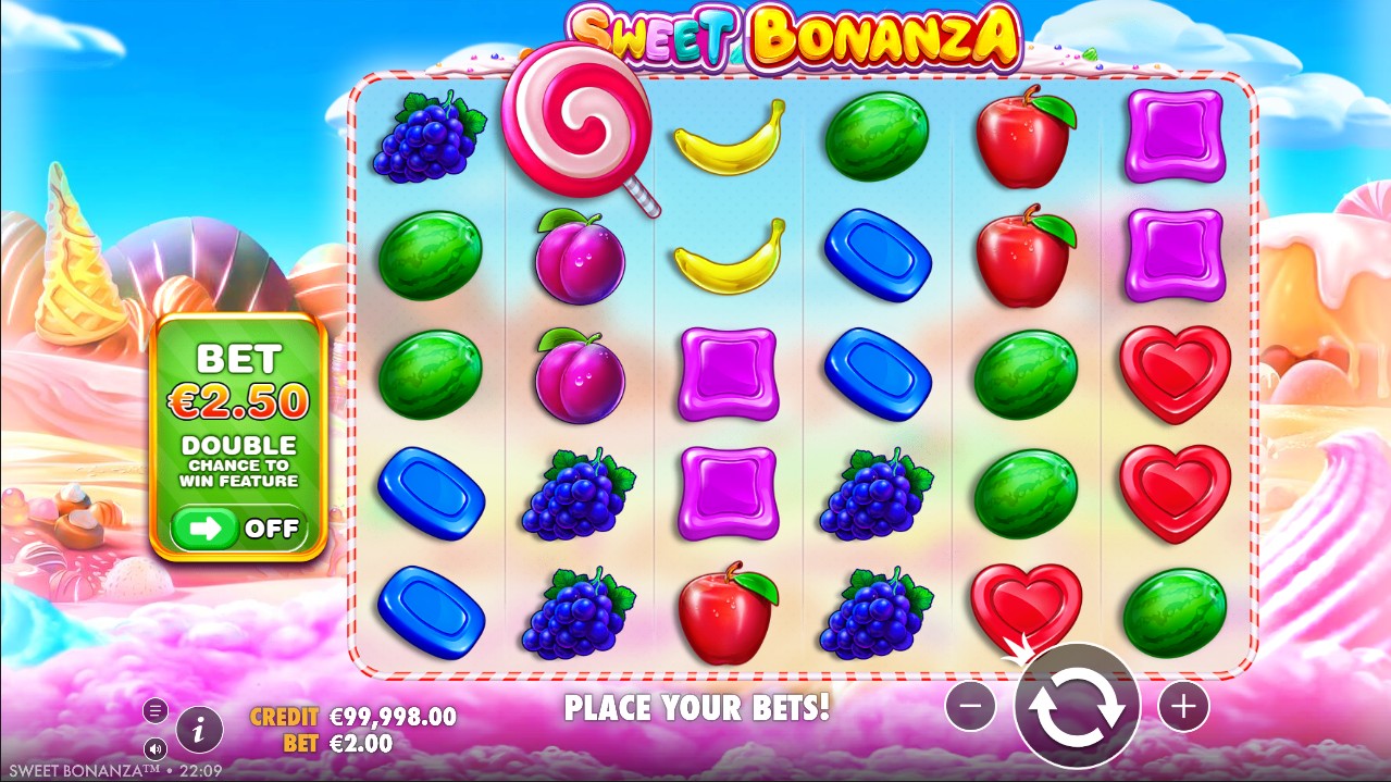 Sweet Bonanza by Pragmatic Play – base game 6x5 cluster pays tumble mechanic candy fruit theme