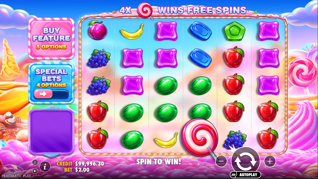 Sweet Bonanza 2500 slot by Pragmatic Play, base game on the 6-reel scatter pays grid