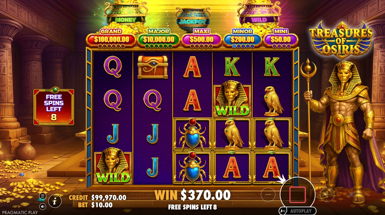 Treasures of Osiris free spins – triple modifier mechanic 10,000x max win, Pragmatic Play 96.52% RTP