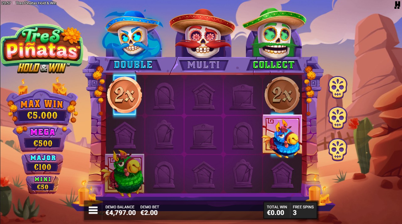 Tres Pinatas Hold & Win Pinata Party bonus round – money symbols locked, Hold & Win active