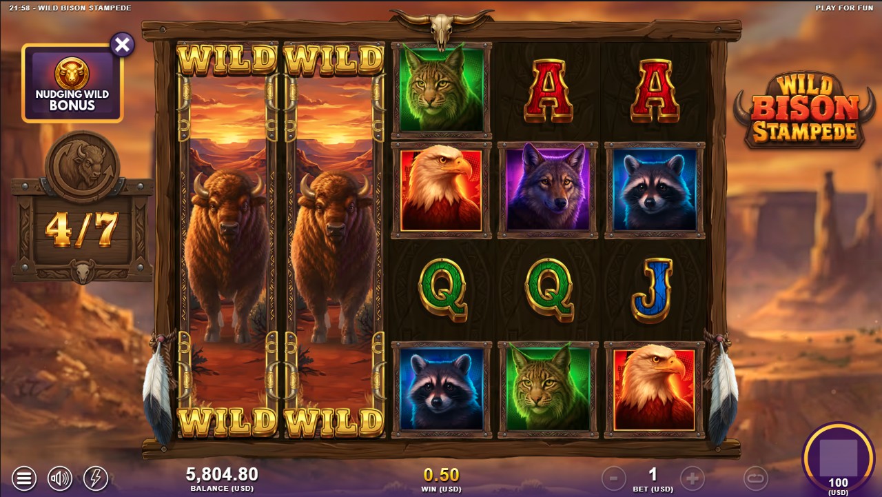 Wild Bison Stampede by Slotmill — bonus round coin flip sticky wilds free spins 6,688x max win