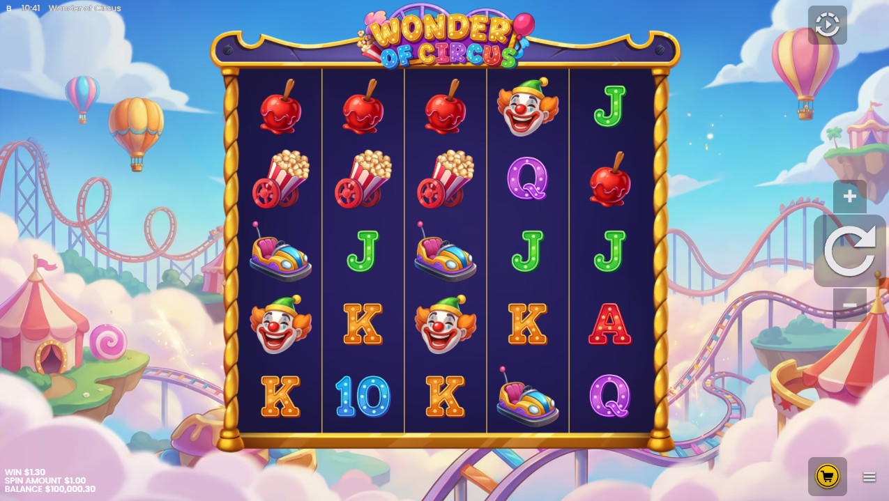 Wonder of Circus by Backseat Gaming — base game 5x5 grid circus theme 15 paylines