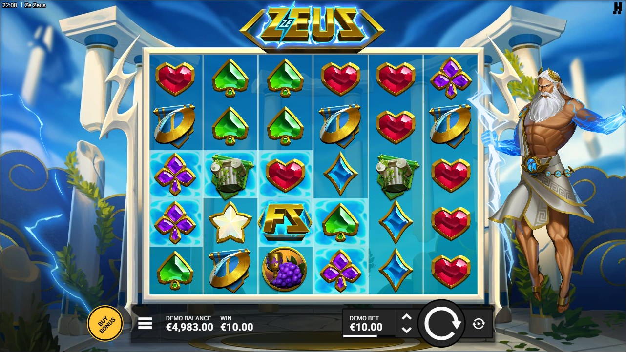 Ze Zeus by Hacksaw Gaming – base game 6-reel cluster pays Greek mythology medium volatility