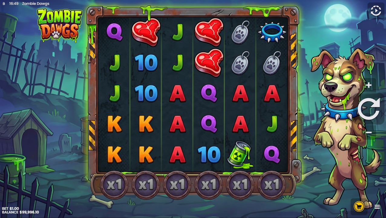 Zombie Dawgs by Backseat Gaming – base game on 6×5 Scatter Pays grid with zombie dog symbols