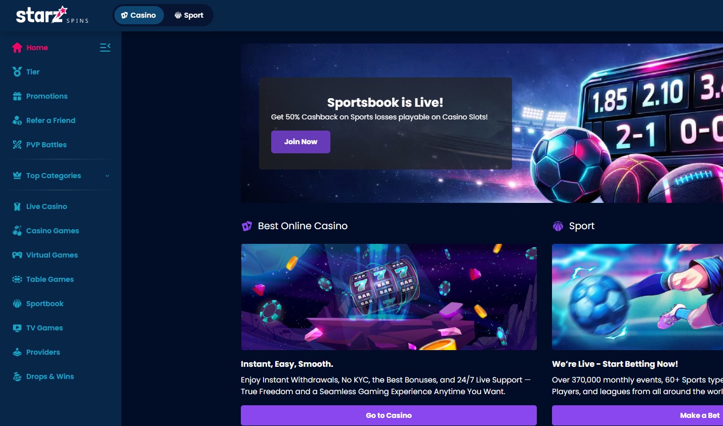 Starz Spins Casino homepage and welcome bonus offers