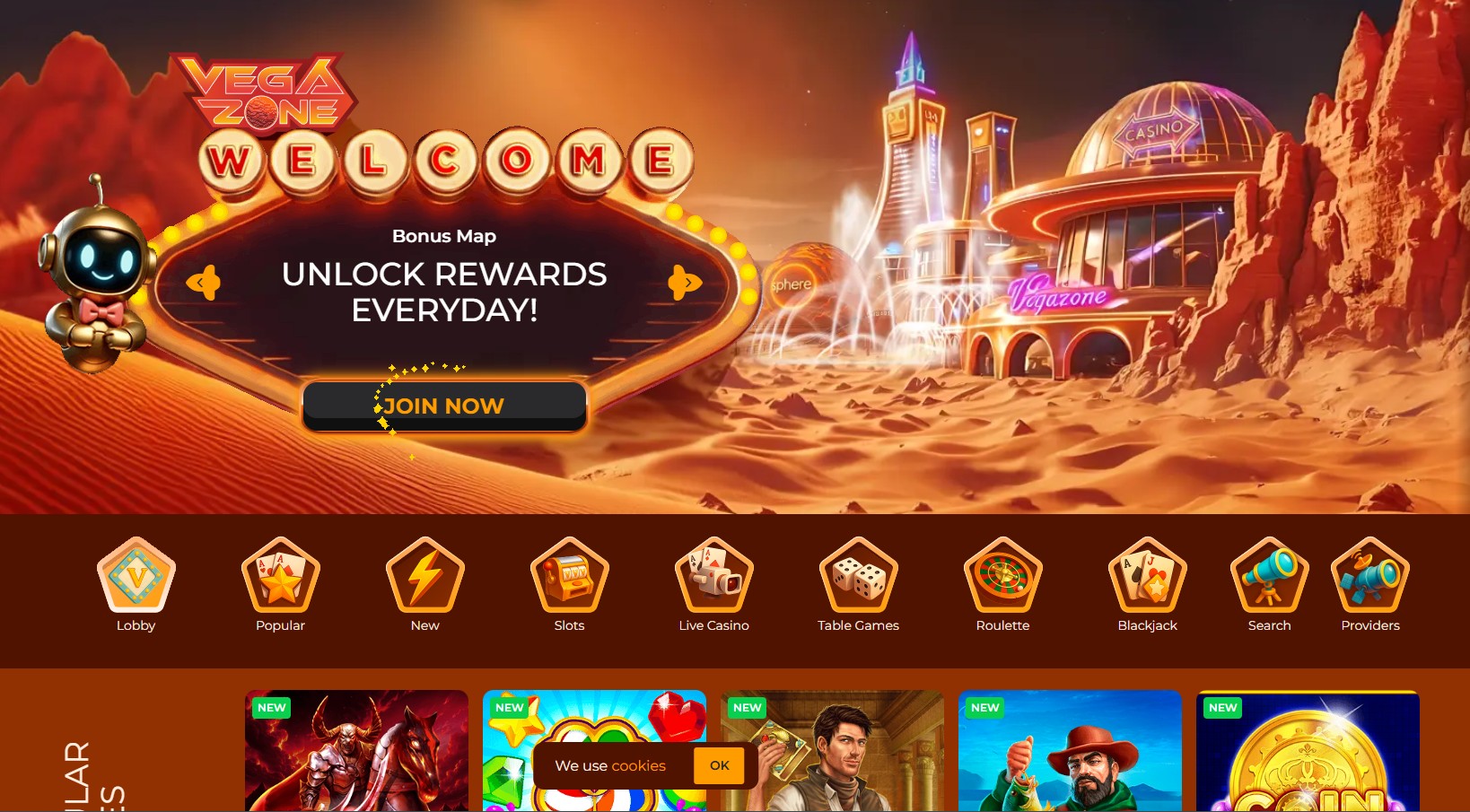 Vegazone Casino welcome bonus 260% up to C$3,600 plus 260 free spins homepage